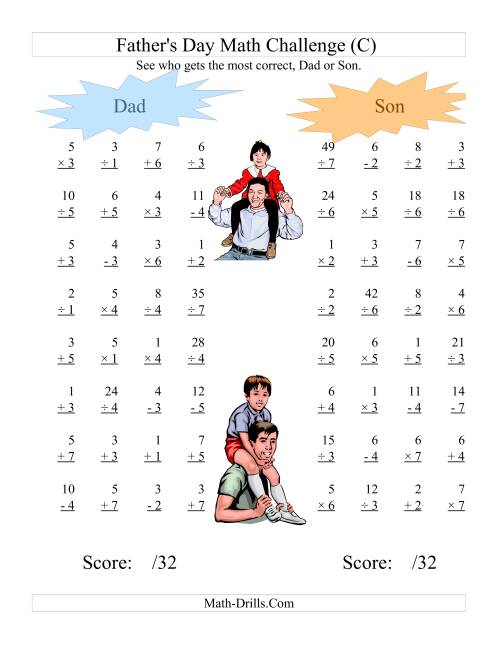 The Father's Day Dad and Son Challenge -- All Operations Range 1 to 7 (C) Math Worksheet