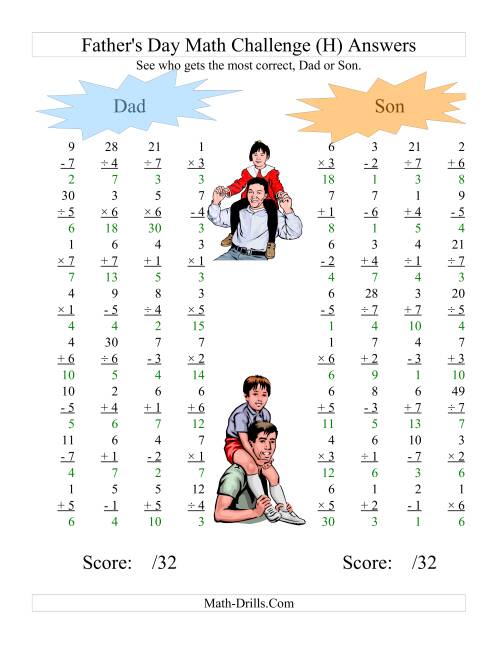 The Father's Day Dad and Son Challenge -- All Operations Range 1 to 7 (H) Math Worksheet Page 2