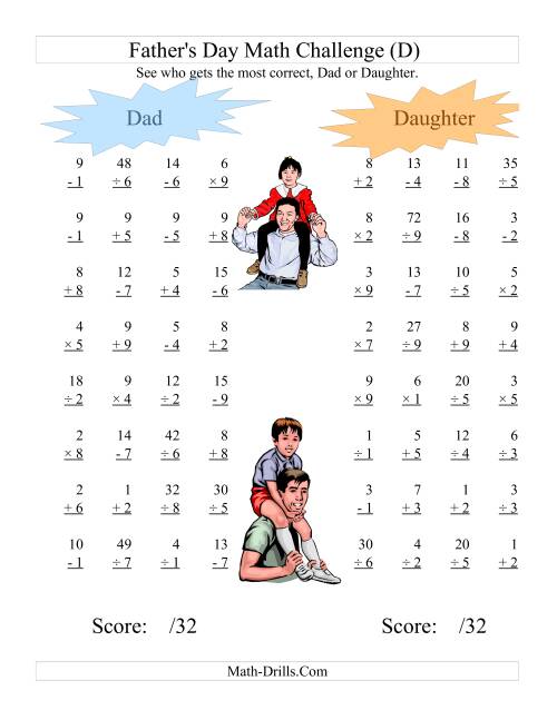 The Father's Day Dad and Daughter Challenge -- All Operations Range 1 to 9 (D) Math Worksheet