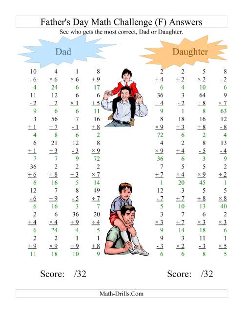 The Father's Day Dad and Daughter Challenge -- All Operations Range 1 to 9 (F) Math Worksheet Page 2