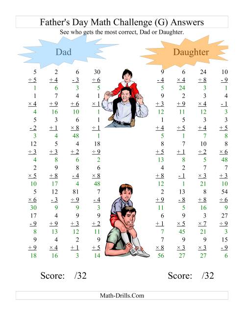 The Father's Day Dad and Daughter Challenge -- All Operations Range 1 to 9 (G) Math Worksheet Page 2