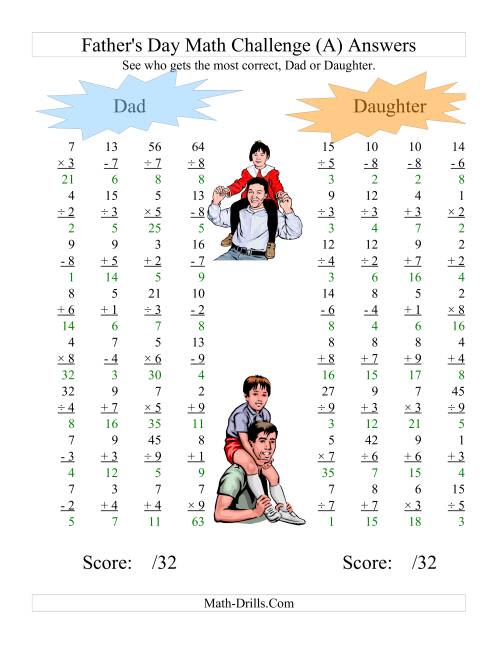The Father's Day Dad and Daughter Challenge -- All Operations Range 1 to 9 (All) Math Worksheet Page 2