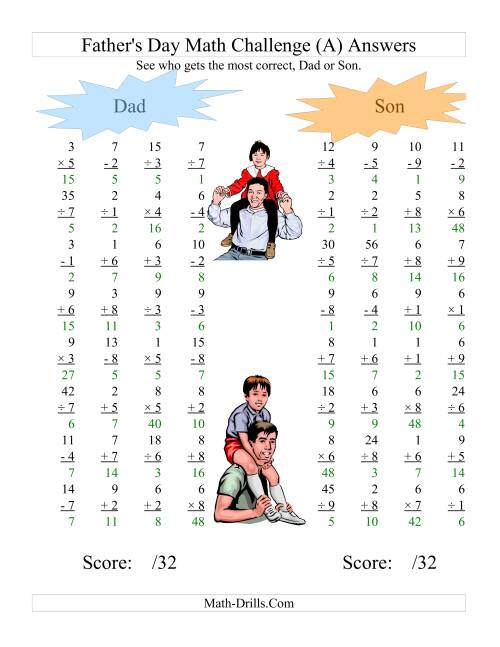 The Father's Day Dad and Son Challenge -- All Operations Range 1 to 9 (A) Math Worksheet Page 2