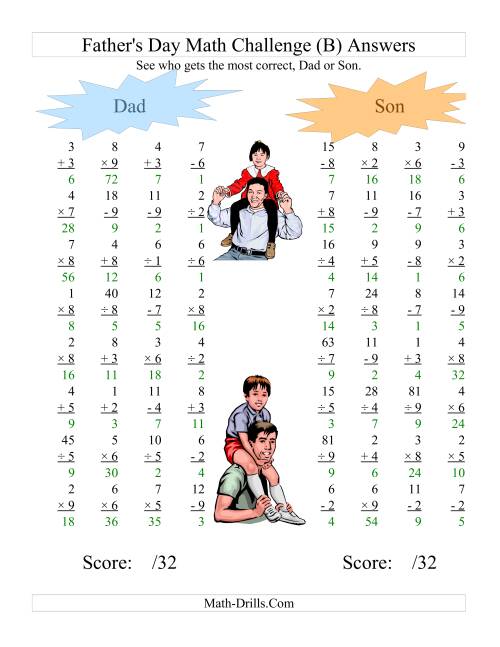 The Father's Day Dad and Son Challenge -- All Operations Range 1 to 9 (B) Math Worksheet Page 2