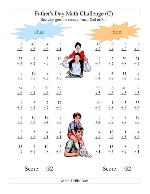 The Father's Day Dad and Son Challenge -- All Operations Range 1 to 9 (C) Math Worksheet