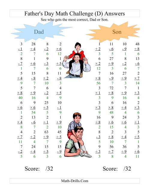 The Father's Day Dad and Son Challenge -- All Operations Range 1 to 9 (D) Math Worksheet Page 2