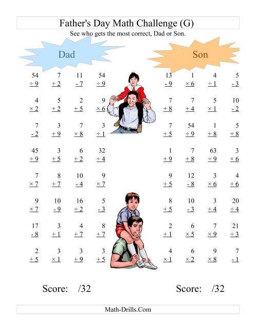 The Father's Day Dad and Son Challenge -- All Operations Range 1 to 9 (G) Math Worksheet