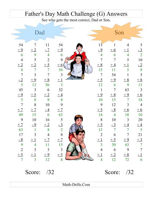 The Father's Day Dad and Son Challenge -- All Operations Range 1 to 9 (G) Math Worksheet Page 2