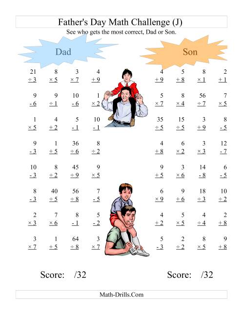 The Father's Day Dad and Son Challenge -- All Operations Range 1 to 9 (J) Math Worksheet