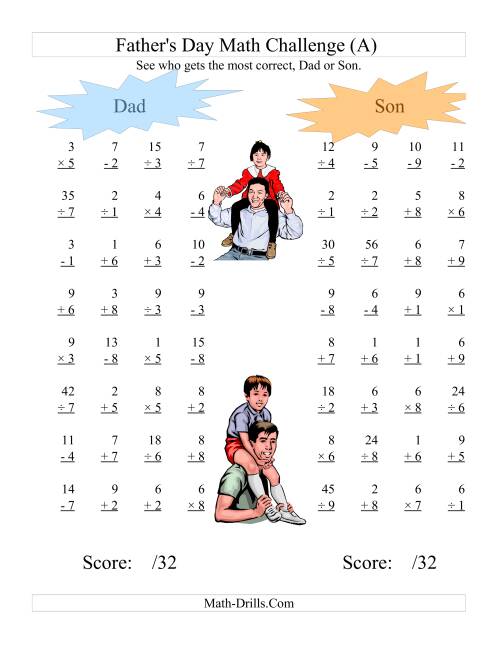 The Father's Day Dad and Son Challenge -- All Operations Range 1 to 9 (All) Math Worksheet