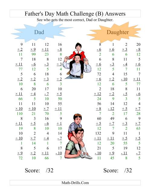 The Father's Day Dad and Daughter Challenge -- All Operations Range 1 to 12 (B) Math Worksheet Page 2