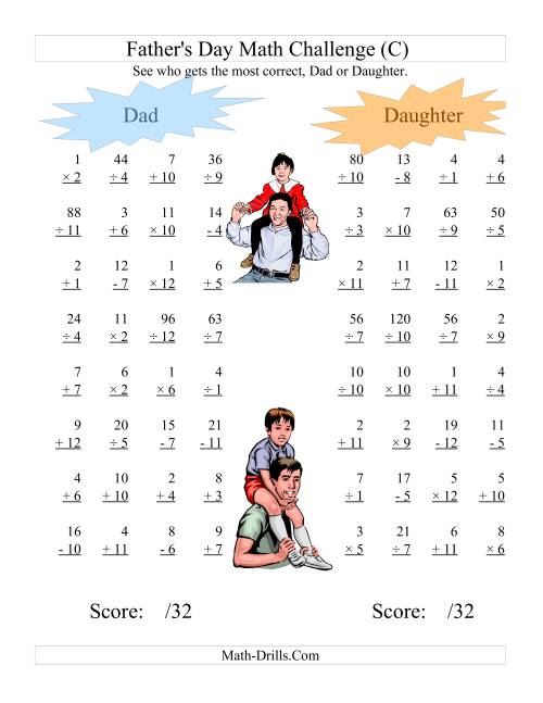 The Father's Day Dad and Daughter Challenge -- All Operations Range 1 to 12 (C) Math Worksheet