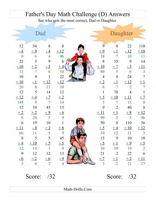The Father's Day Dad and Daughter Challenge -- All Operations Range 1 to 12 (D) Math Worksheet Page 2