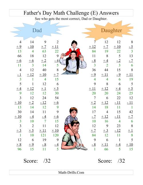 The Father's Day Dad and Daughter Challenge -- All Operations Range 1 to 12 (E) Math Worksheet Page 2