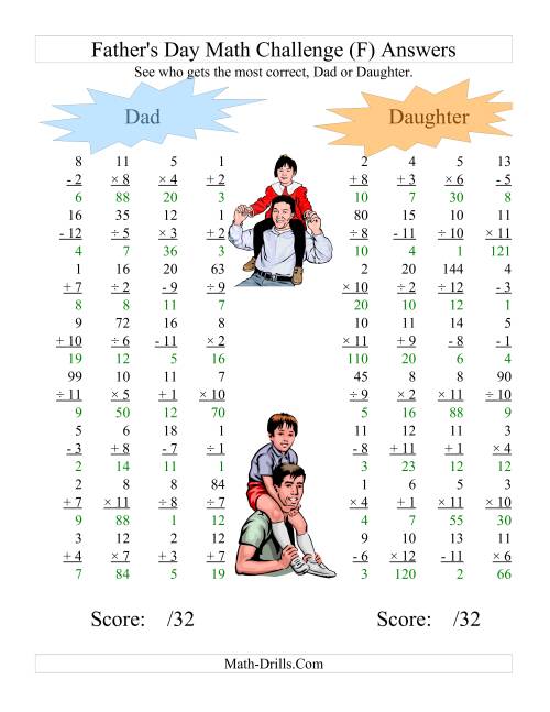 The Father's Day Dad and Daughter Challenge -- All Operations Range 1 to 12 (F) Math Worksheet Page 2