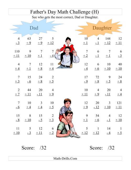 The Father's Day Dad and Daughter Challenge -- All Operations Range 1 to 12 (H) Math Worksheet