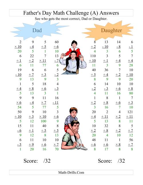 The Father's Day Dad and Daughter Challenge -- All Operations Range 1 to 12 (All) Math Worksheet Page 2
