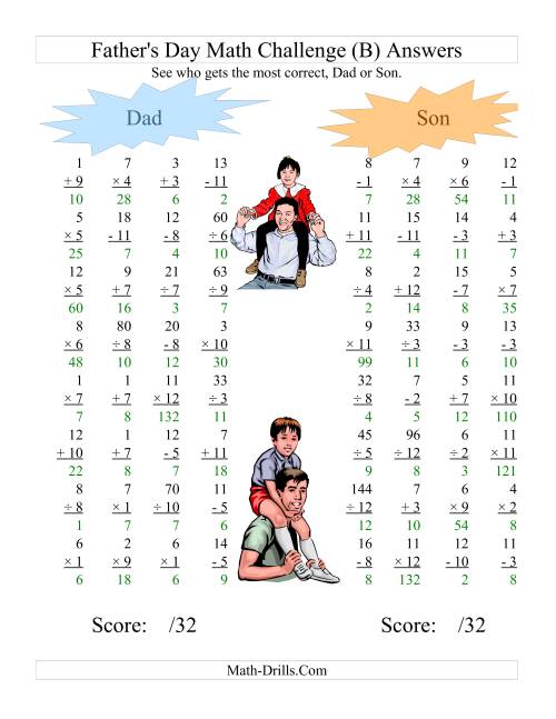 The Father's Day Dad and Son Challenge -- All Operations Range 1 to 12 (B) Math Worksheet Page 2