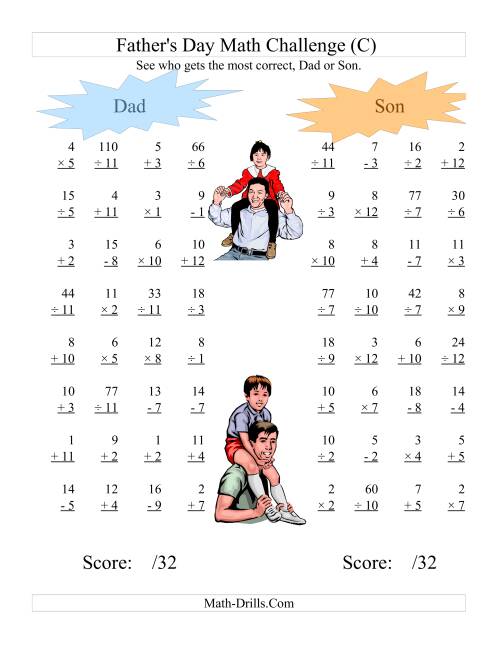 The Father's Day Dad and Son Challenge -- All Operations Range 1 to 12 (C) Math Worksheet