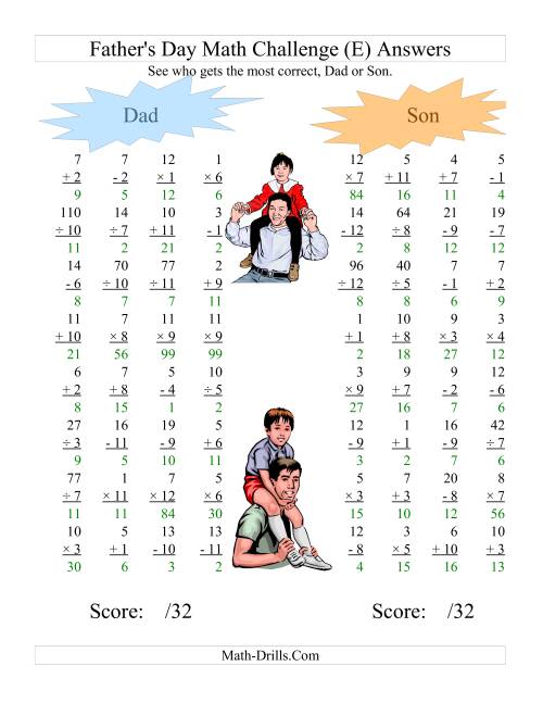 The Father's Day Dad and Son Challenge -- All Operations Range 1 to 12 (E) Math Worksheet Page 2