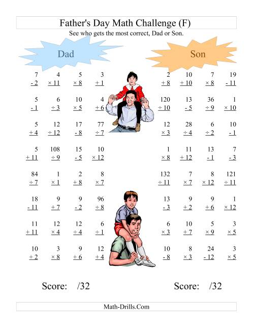 The Father's Day Dad and Son Challenge -- All Operations Range 1 to 12 (F) Math Worksheet