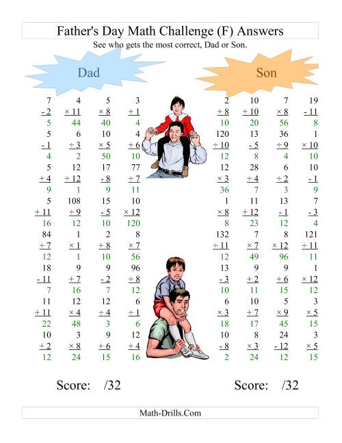 The Father's Day Dad and Son Challenge -- All Operations Range 1 to 12 (F) Math Worksheet Page 2