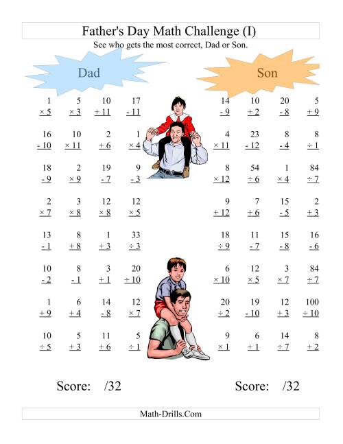 The Father's Day Dad and Son Challenge -- All Operations Range 1 to 12 (I) Math Worksheet