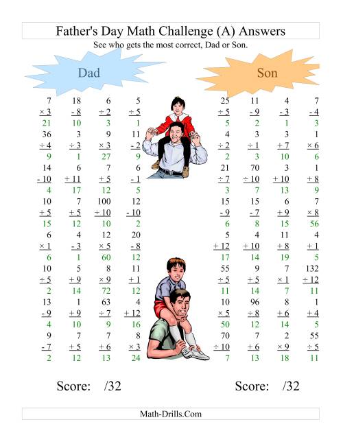 The Father's Day Dad and Son Challenge -- All Operations Range 1 to 12 (All) Math Worksheet Page 2