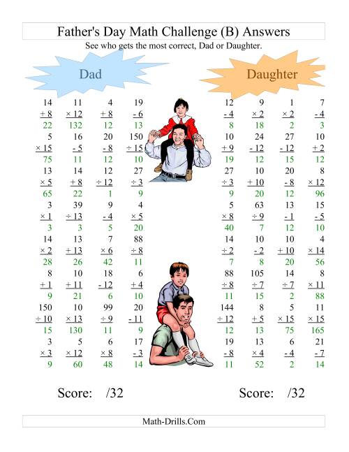 The Father's Day Dad and Daughter Challenge -- All Operations Range 1 to 15 (B) Math Worksheet Page 2