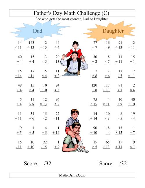 The Father's Day Dad and Daughter Challenge -- All Operations Range 1 to 15 (C) Math Worksheet