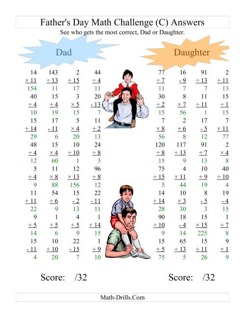 The Father's Day Dad and Daughter Challenge -- All Operations Range 1 to 15 (C) Math Worksheet Page 2