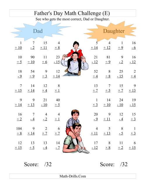 The Father's Day Dad and Daughter Challenge -- All Operations Range 1 to 15 (E) Math Worksheet