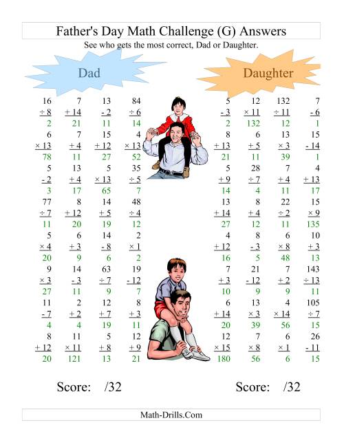 The Father's Day Dad and Daughter Challenge -- All Operations Range 1 to 15 (G) Math Worksheet Page 2