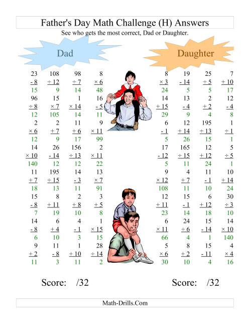 The Father's Day Dad and Daughter Challenge -- All Operations Range 1 to 15 (H) Math Worksheet Page 2
