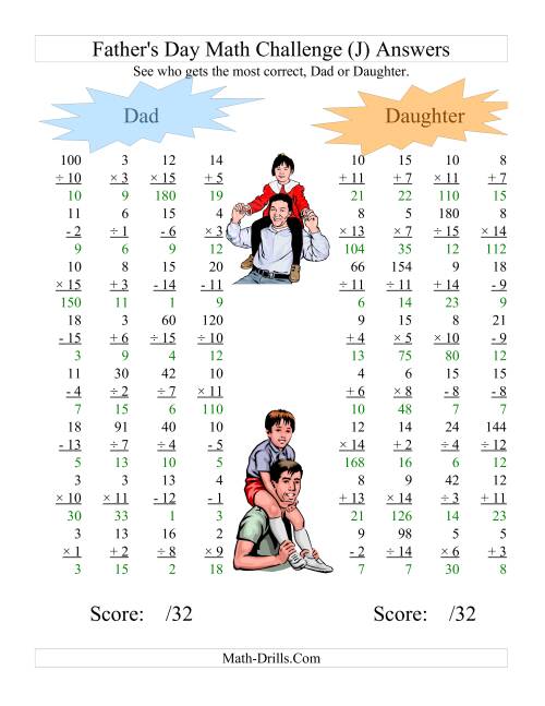 The Father's Day Dad and Daughter Challenge -- All Operations Range 1 to 15 (J) Math Worksheet Page 2