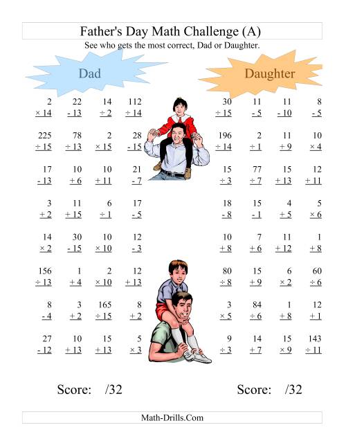 The Father's Day Dad and Daughter Challenge -- All Operations Range 1 to 15 (All) Math Worksheet