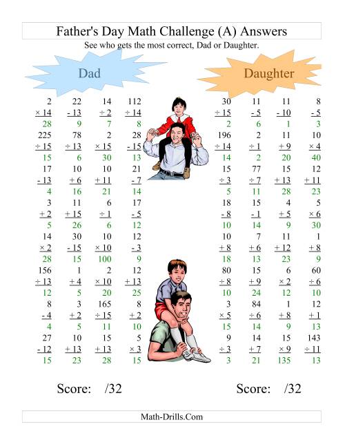 The Father's Day Dad and Daughter Challenge -- All Operations Range 1 to 15 (All) Math Worksheet Page 2