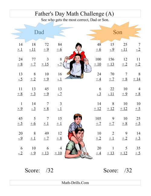 The Father's Day Dad and Son Challenge -- All Operations Range 1 to 15 (A) Math Worksheet