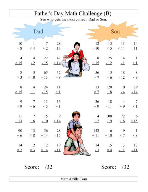 The Father's Day Dad and Son Challenge -- All Operations Range 1 to 15 (B) Math Worksheet