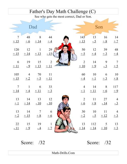 The Father's Day Dad and Son Challenge -- All Operations Range 1 to 15 (C) Math Worksheet