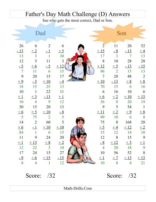 The Father's Day Dad and Son Challenge -- All Operations Range 1 to 15 (D) Math Worksheet Page 2
