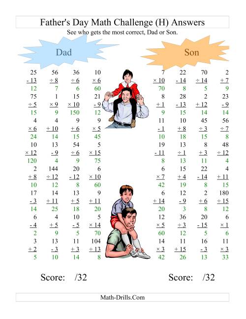 The Father's Day Dad and Son Challenge -- All Operations Range 1 to 15 (H) Math Worksheet Page 2