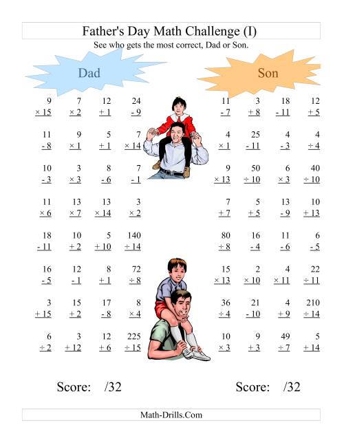 The Father's Day Dad and Son Challenge -- All Operations Range 1 to 15 (I) Math Worksheet