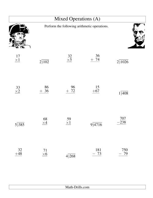 President's Day Mixed Operations (A) Holiday Math Worksheet