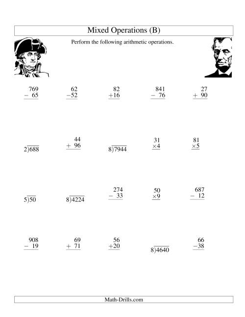 The President's Day Mixed Operations (B) Math Worksheet