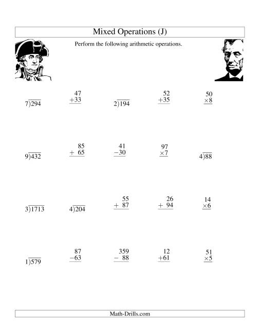 The President's Day Mixed Operations (J) Math Worksheet