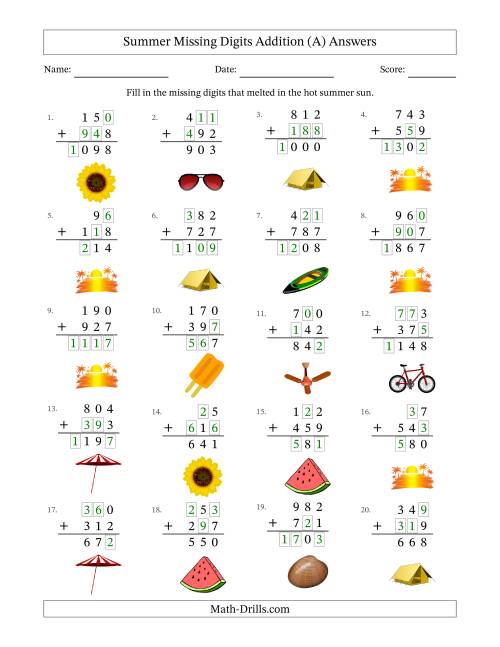 The Summer Missing Digits Addition (Easier Version) (A) Math Worksheet Page 2