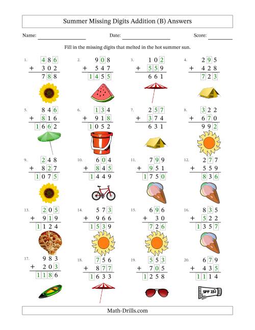 The Summer Missing Digits Addition (Easier Version) (B) Math Worksheet Page 2