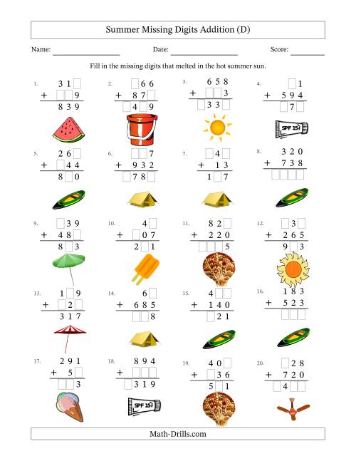 The Summer Missing Digits Addition (Easier Version) (D) Math Worksheet