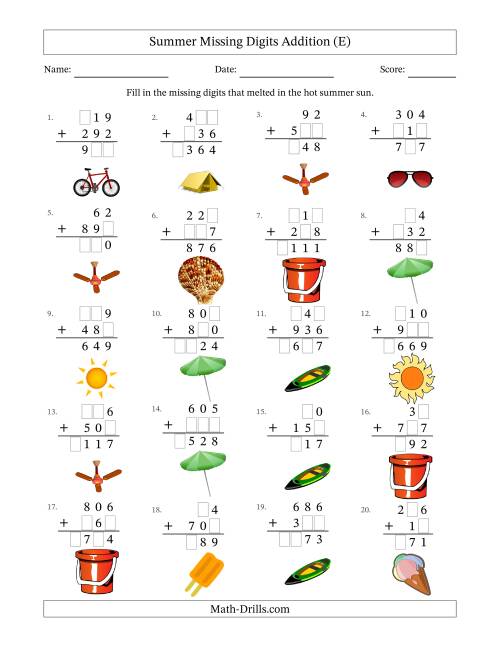 The Summer Missing Digits Addition (Easier Version) (E) Math Worksheet